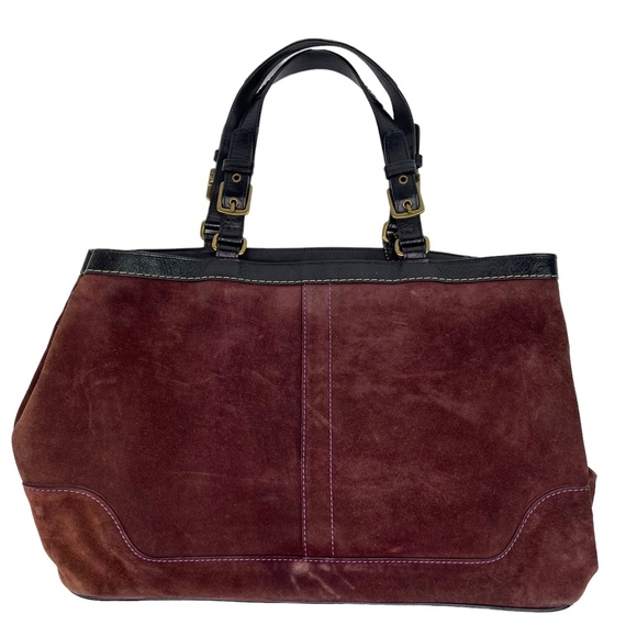 Coach Hamptons Purple Maroon Suede Leather Satchel Purse Handbag Large - Picture 2 of 13